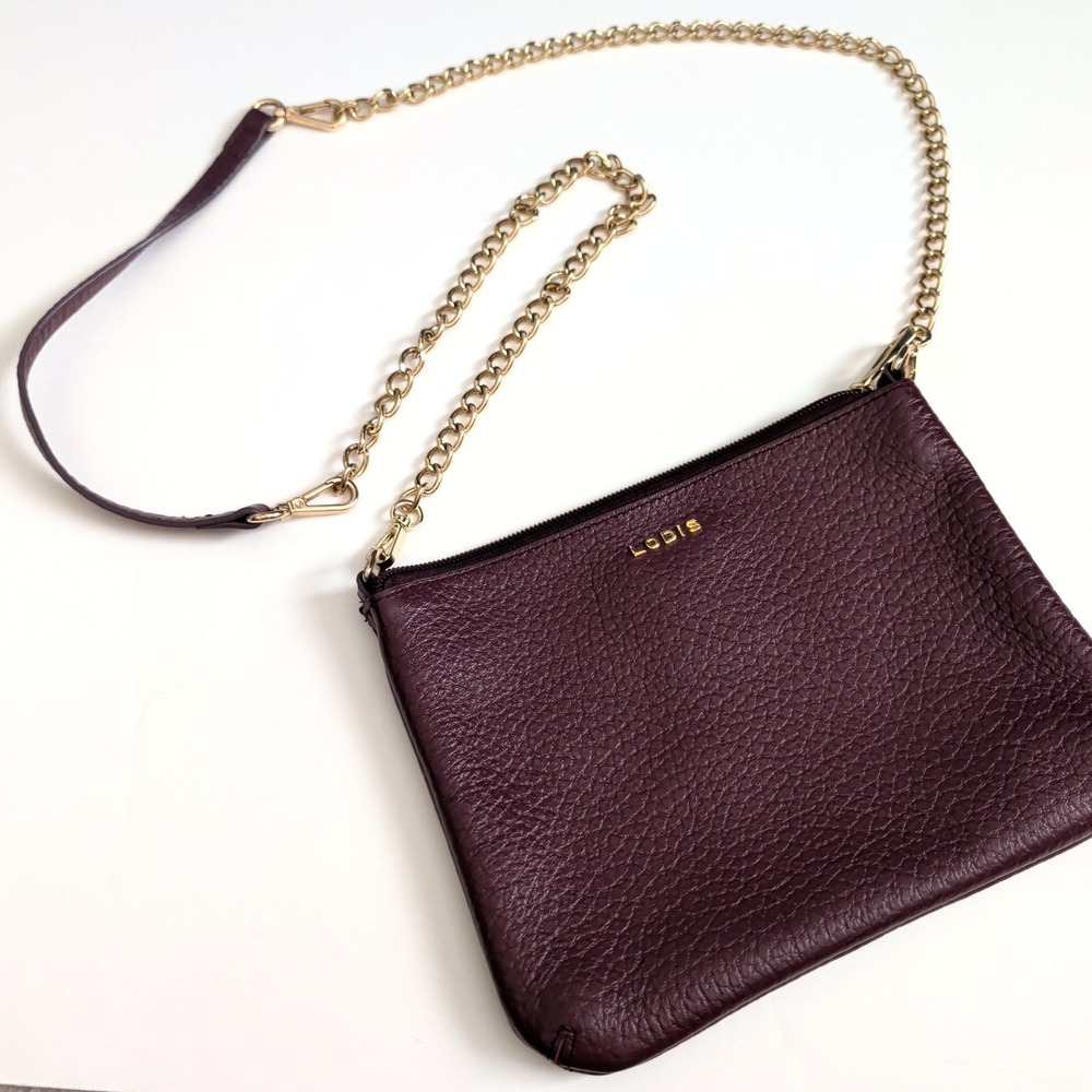 Lodis Plum Pebbled Leather Crossbody Bag Gold Chain Convertible Strap Burgundy